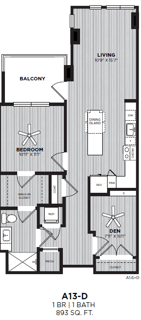 A floor plan of an apartment with a living room, bedroom, and balcony.
